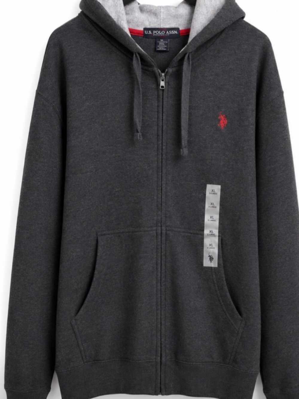 NWT U.S. Polo Assn. Men's Full Zip Fleece Hoodie Charcoal Gray XL Red Logo